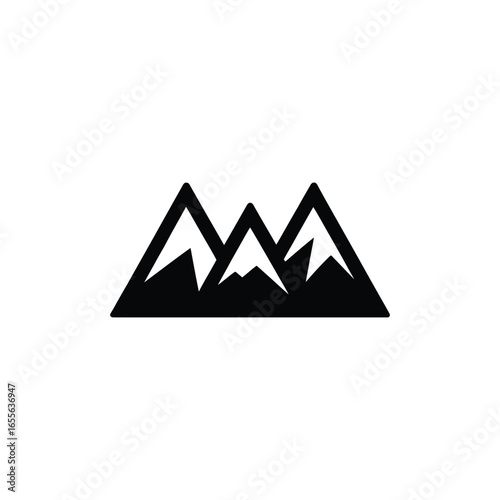 Isolated Triple Mountain Peak Icon with Sharp Edges in Silhouette over White