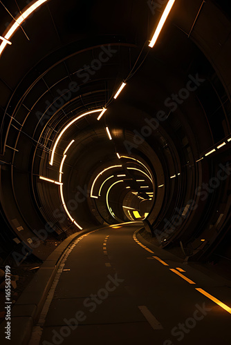 Interior view of a tunnel with glowing lights and a road leading towards the distant exit.