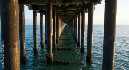 Wallpaper Mural A long pier with many pillars extending into the ocean under a clear sky at daytime Torontodigital.ca