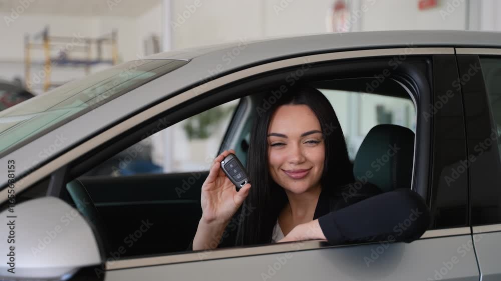 Happy businesswoman showing car keys inside new vehicle Happy businesswoman showing car keys inside new vehicle