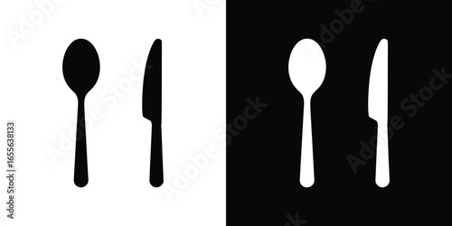 Spoon and Knife Culinary Silhouette on Black and White Backgrounds Cutlery