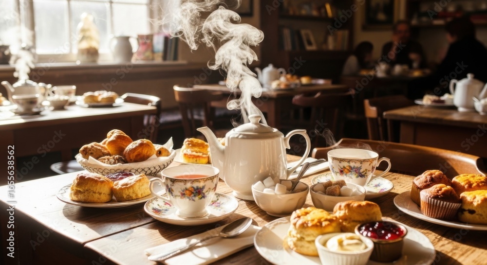 Fototapeta premium Steaming Teapot with Pastries and Tea Cups in Cozy Cafe Setting