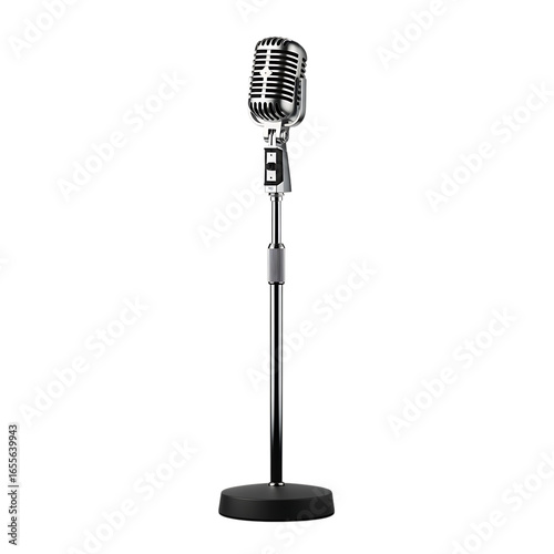 Retro microphone on stand isolated on transparent background, a vintage audio equipment for music recording and broadcasting in a studio setting