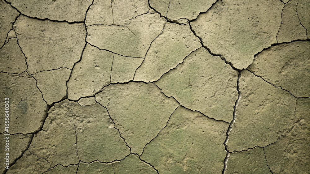 Fototapeta premium Light beige cracked soil displaying intricate network of fissures forming geometric segments across parched desert terrain surface.