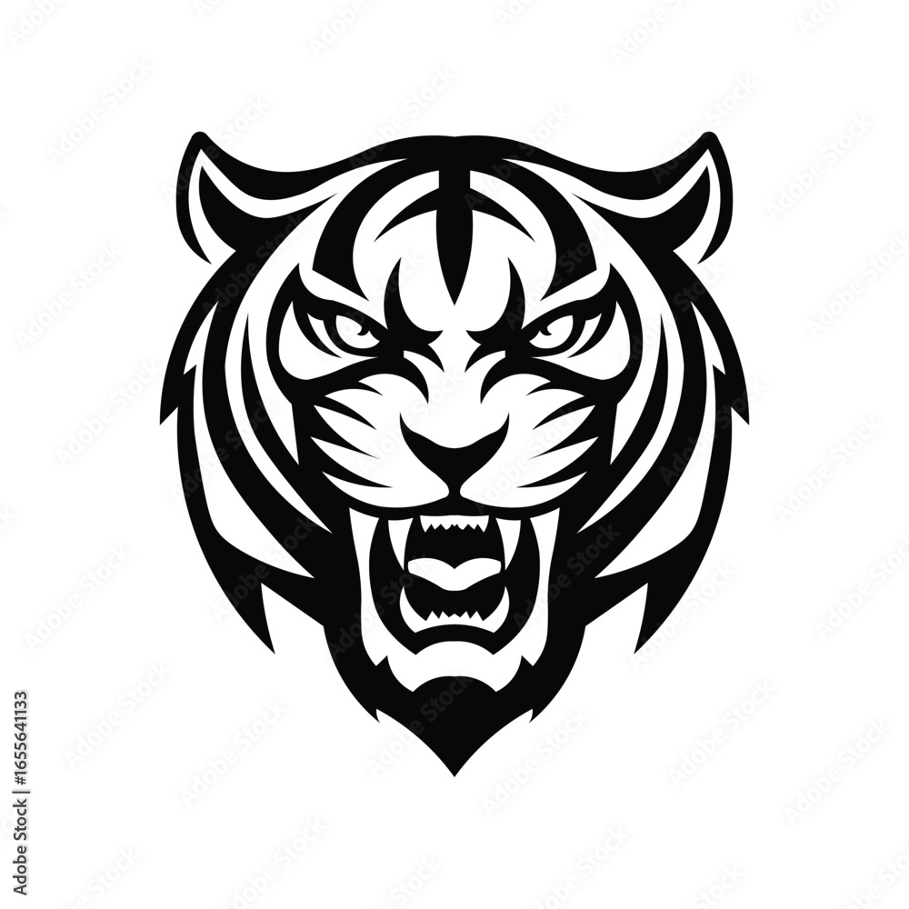 Fototapeta premium Angry tiger head illustration in black and white. Perfect for mascot, tattoo design, sports team logo, emblem, and vector art