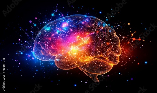 Big data and artificial intelligence concept, depicting a human brain glowing from a processor, symbolizing the fusion of human intelligence with machine learning capabilities, Generative AI