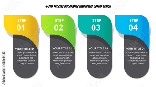 4 Step Infographic with Folded Corner Design for Business Process, Workflow, Timeline, Strategy Planning, Marketing Presentation, Modern Template for PowerPoint and Google Slides