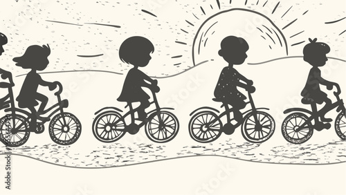 Silhouette illustration of children riding bicycles in a row under a shining sun in the background