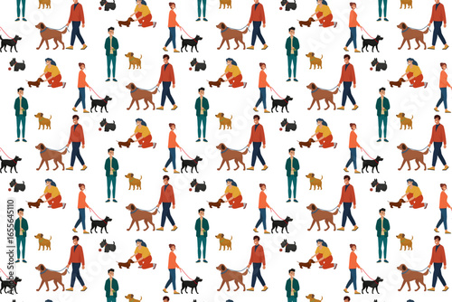 Seamless pattern with young and old people walking with dogs of different breeds and colors. vector illustration on white background.
