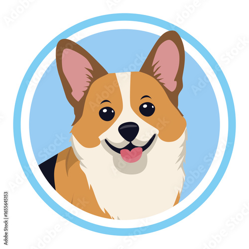 Colorful vector illustration with dog. Adorable funny corky. Circle with funny corgi muzzle.