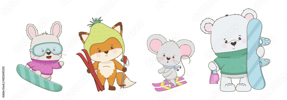 Obraz premium Vector illustration of four cute animals with skis and snowboards. Mouse, polar bear, lich and bunny are skiing and snowboarding. for holiday and sporty winter themes.