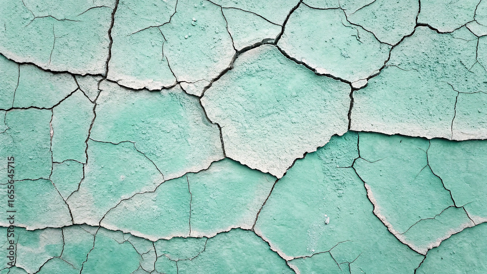 Obraz premium Light green paint displaying extensive crack networks forming polygon-shaped segments with raised edges and subtle color gradations throughout weathered surface.