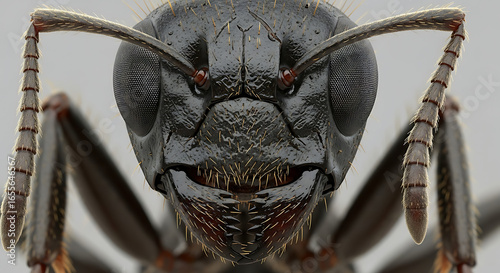 Extreme macro photograph of a black ant's head showing detailed compound eyes, mandibles, and antennae.