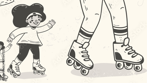 Illustration of two girls roller skating with one waving and close up of roller skate details showing laces
