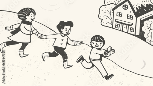 Three children playing and running down a hill with a house and trees in the background in black and white