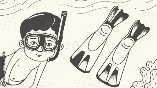 A drawing of a boy with snorkel gear and flippers in the water ready for a swim in the ocean water