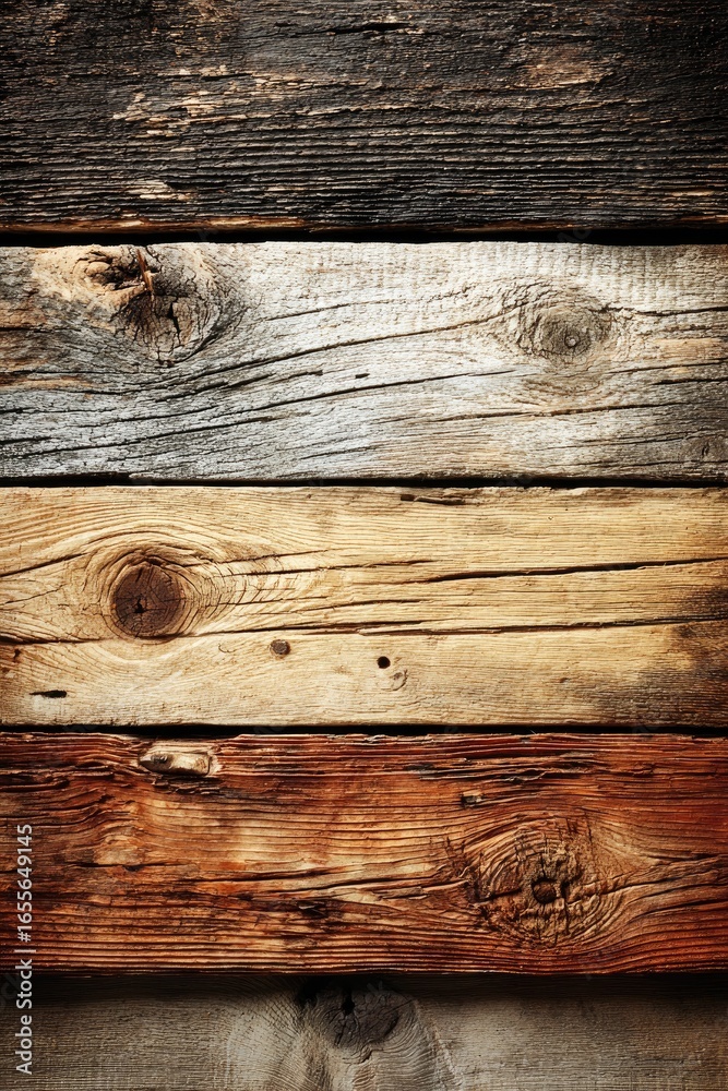 Obraz premium Close-up view of weathered wooden planks, showing variations in color and texture. Horizontal wood grain, layered in shades of brown, gray, and beige. Visible knots and imperfections. 