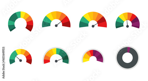 Set of vector speedometer and indicator gauges for performance dashboards. Colorful infographic elements for credit score and risk level measurement.