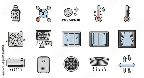 Set of Icons Representing Air Quality, Ventilation, and Climate Control Systems