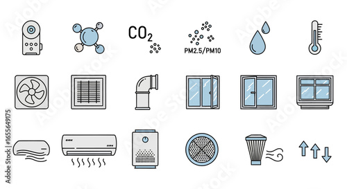 Air Quality and Climate Control Vector Icon Set. Symbols for HVAC, Ventilation, and Air Purification Systems.