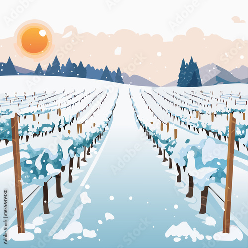 winter in the vineyard with snow blankets dormant vines and ambient light