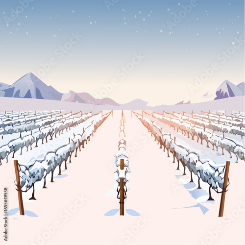 winter in the vineyard with snow blankets dormant vines and ambient light