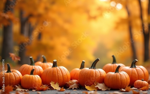 happy thanksgiving day concept autumn composition,ripe orange pumpkins fallen leaves. High quality