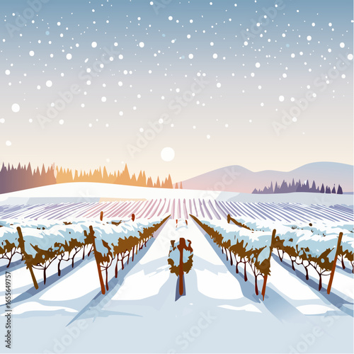 winter in the vineyard with snow blankets dormant vines and ambient light
