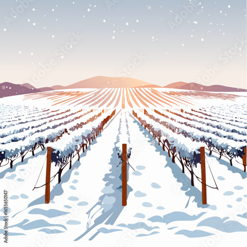 winter in the vineyard with snow blankets dormant vines and ambient light