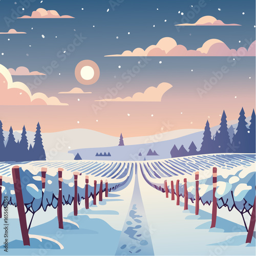 winter in the vineyard with snow blankets dormant vines and ambient light