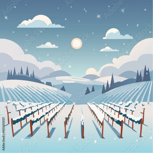 winter in the vineyard with snow blankets dormant vines and ambient light