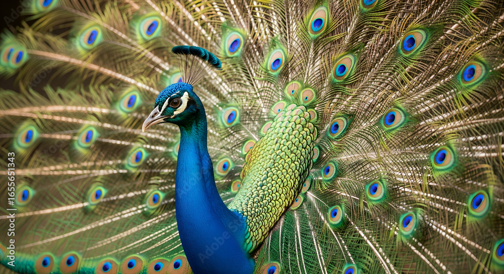 Obraz premium Majestic Peacock Display: Vibrant Plumage in Full Bloom