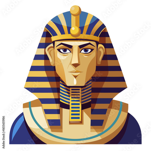 an ancient Egyptian pharaoh wearing the traditional nemes headdress with blue and gold stripes, no background vector file.