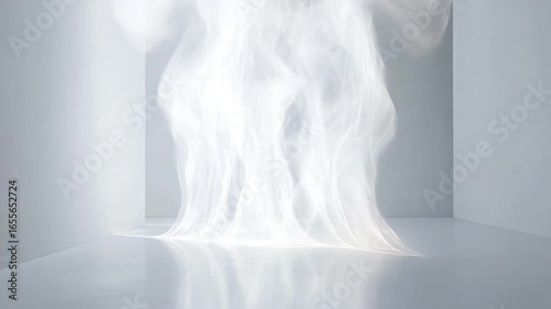 Ethereal White Smoke Flowing in Minimalist Interior Space with Soft Lighting and Sleek Walls
