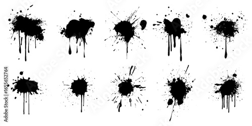 Collection of ten black ink splatter set. Hand drawn spray design elements Various spray paint graffiti decorative splatters. Vector illustration