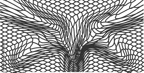 Dynamic abstract background with flowing black mesh lines creating a distorted wave effect. Perfect for modern digital art, technology design, or creative textures.