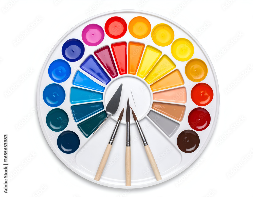 Obraz premium Vibrant art paint set with a full spectrum of rainbow colors on a round artist's palette, complete with brushes and a palette knife, isolated on white.