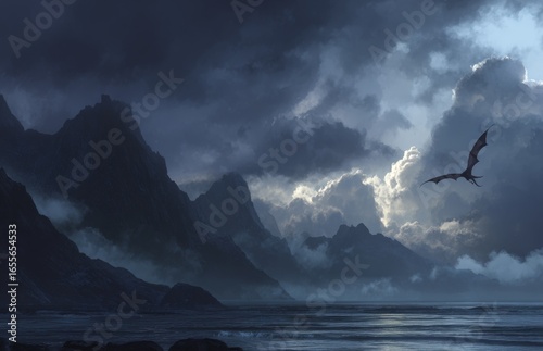 Illustration dragon flying over a dark mountain landscape with stormy sky  