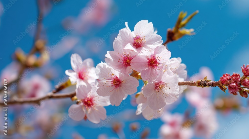 Obraz premium Delicate pink cherry blossoms flourish on tree branches with a vivid blue sky serving as the backdrop. This scene captures the essence of spring and fleeting beauty.