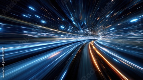 Bright blue and orange light trails streak across a dark background  evoking a sense of rapid movement and energy in a bustling urban night setting. The lights blur together  suggesting speed.