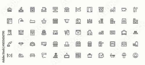 Motel linear icon set. Contains related to host, hostel, restaurant, service and more. Hotel icon. Minimalist linear icons. Editable stroke.