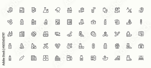 Medicine line icon set. Pictograms of dermatology, neurology, cardiogram, body, surgery, urology, medicament and more. Thin icons set. Pixel perfect. Vector illustration. Graphic icon set.