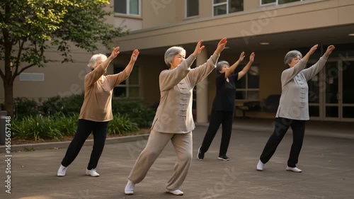 Senior Women Practicing Tai Chi Chuan: Graceful Movement & Wellness in the Outdoors