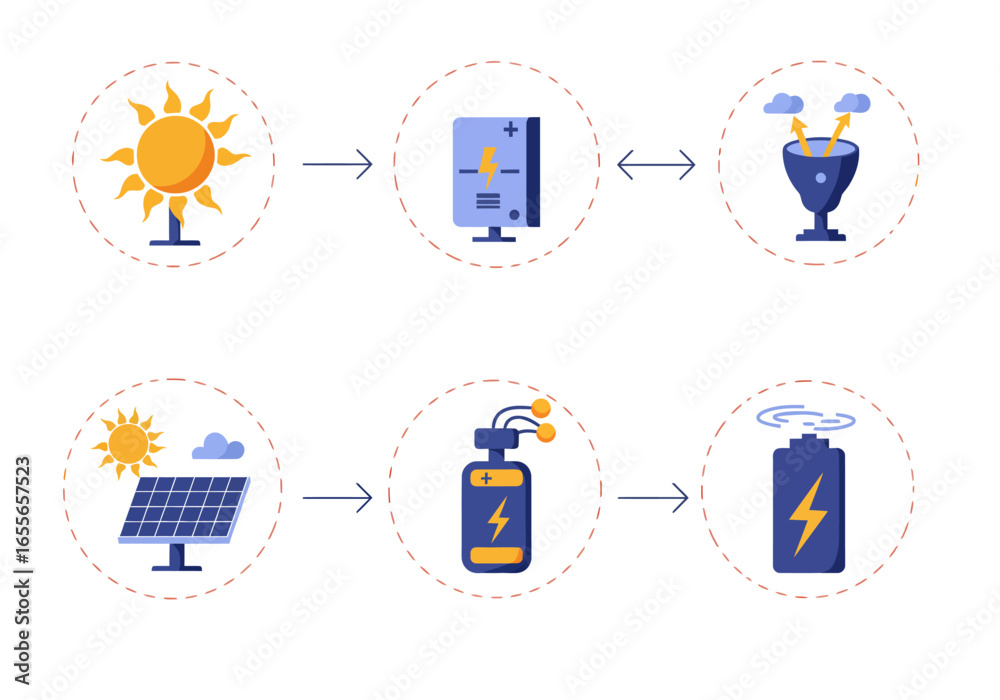 Fototapeta premium Harnessing Solar Power From Sun to Battery – Energy Conversion Process