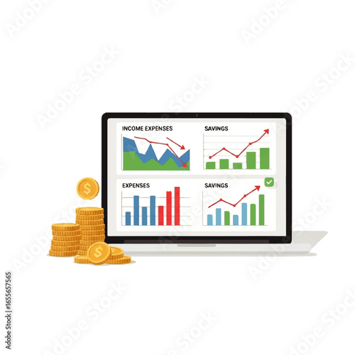 Flat vector illustration of financial analysis with income, expenses, savings, and charts on computer screen