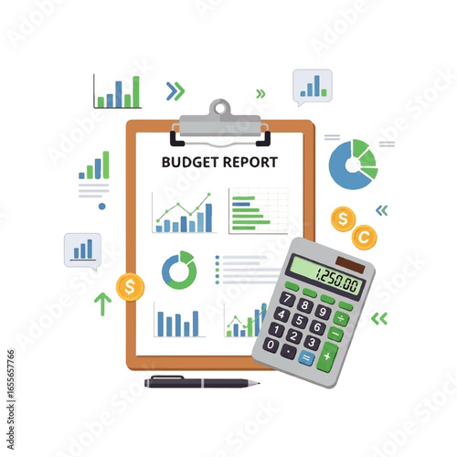 Budget report vector illustration with clipboard, charts, graphs, and calculator
