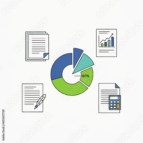 Flat vector of pie chart analysis with documents, calculator, and graphs representing financial management