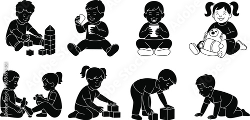 Children Playing with Toys, Building Blocks, Drinking, Learning Together, Fun Interaction, Early Childhood Development, Indoor Activities, Social Skills, Education, Growth.