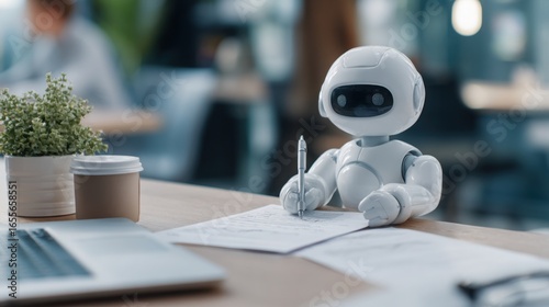 A robot sitting at a desk depicting the role of artificial intelligence in modern work environments and automation