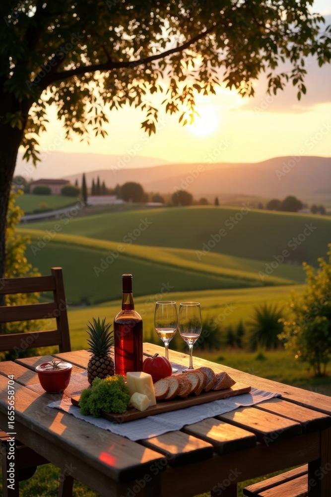 Fototapeta premium Enjoying a Romantic Sunset Picnic in the Tuscan Countryside
